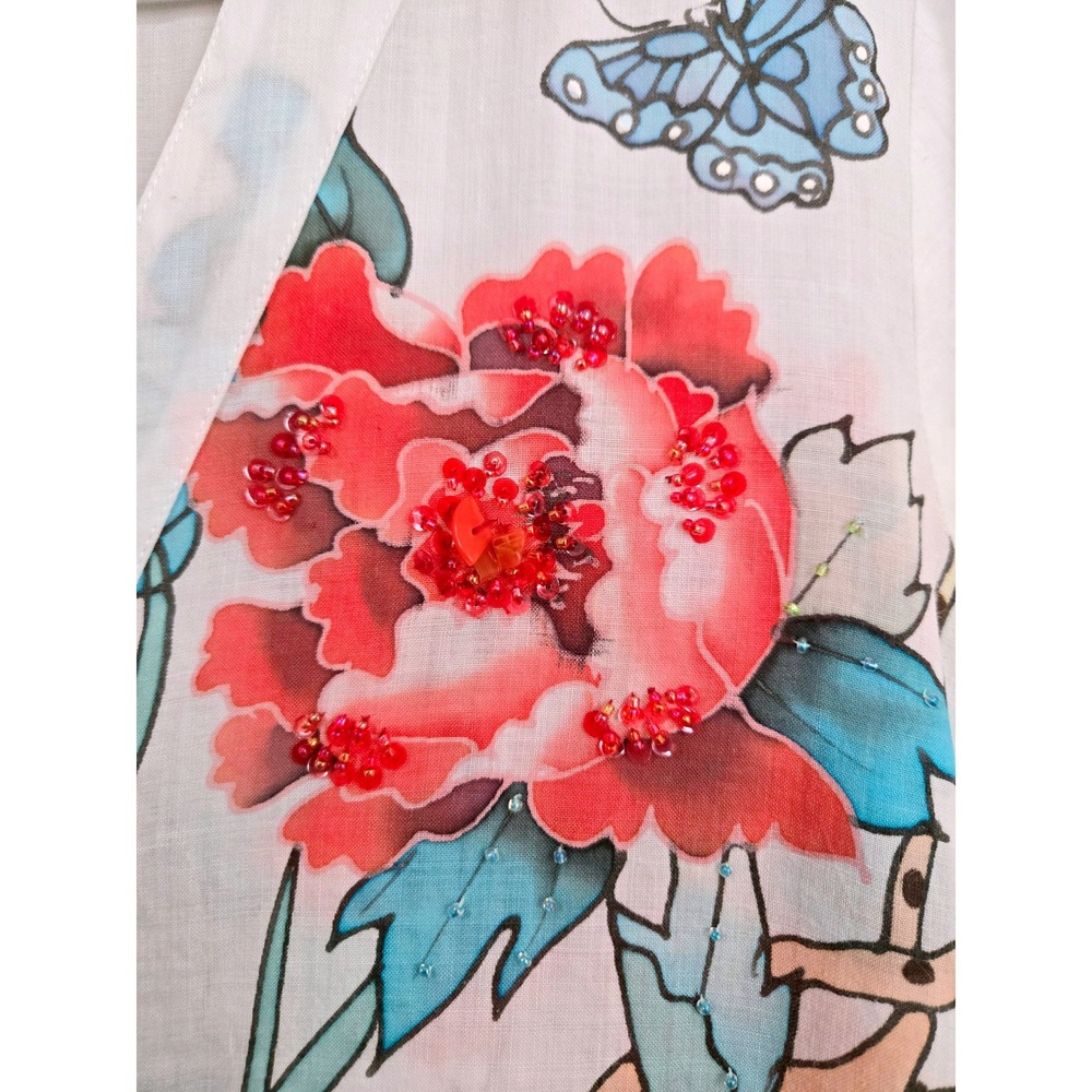Citron Artsy Ramie Floral Butterfly Beaded Frog Button Kimono Tunic Women's M - Picture 4 of 9